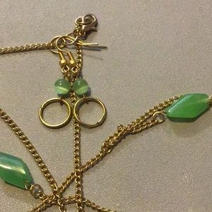 Handcrafted necklace, earrings .. Gold and Green... lots of chain   ... X22